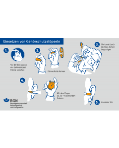 Unterweisungskarte "Einsetzen von Gehörschutzstöpseln / Umgang mit Gehörschutzstöpseln"