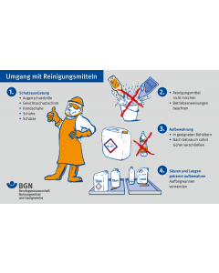 Unterweisungskarte "Umgang mit Reinigungsmitteln / Im Falle eines Falles: Erste Hilfe"